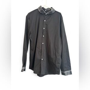 New Black Long Sleeve Button Down Shirt with Plaid Collar and Cuffs XXL